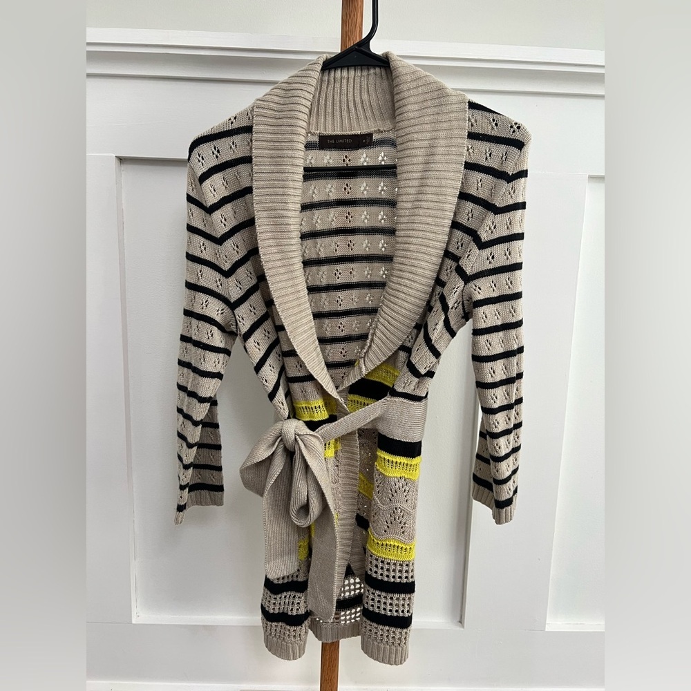 The Limited Beige Black Striped Open-Knit Belted Cardigan with Yellow Accents